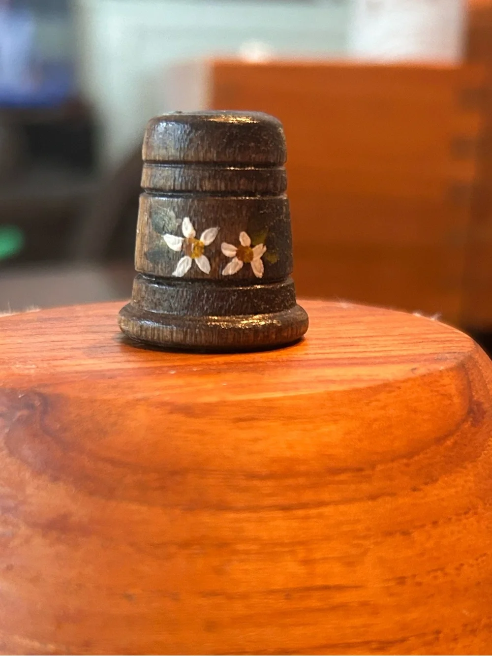 Hand-Painted Wooden Thimble with Floral Accent - Brown